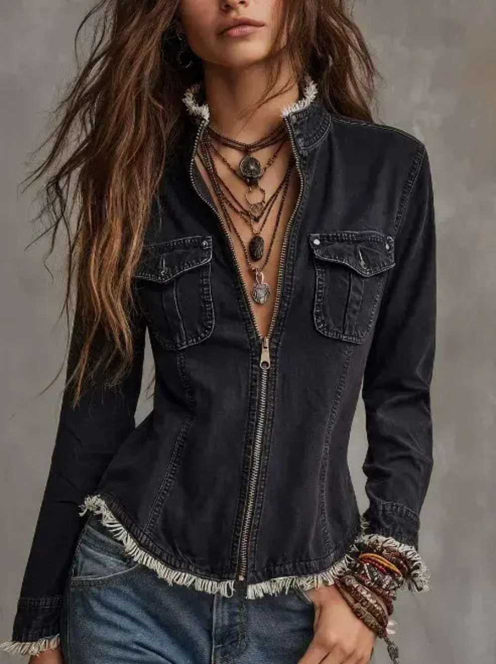 H&M Womens Slim Fit Distressed Frayed Hem Black Denim Jacket